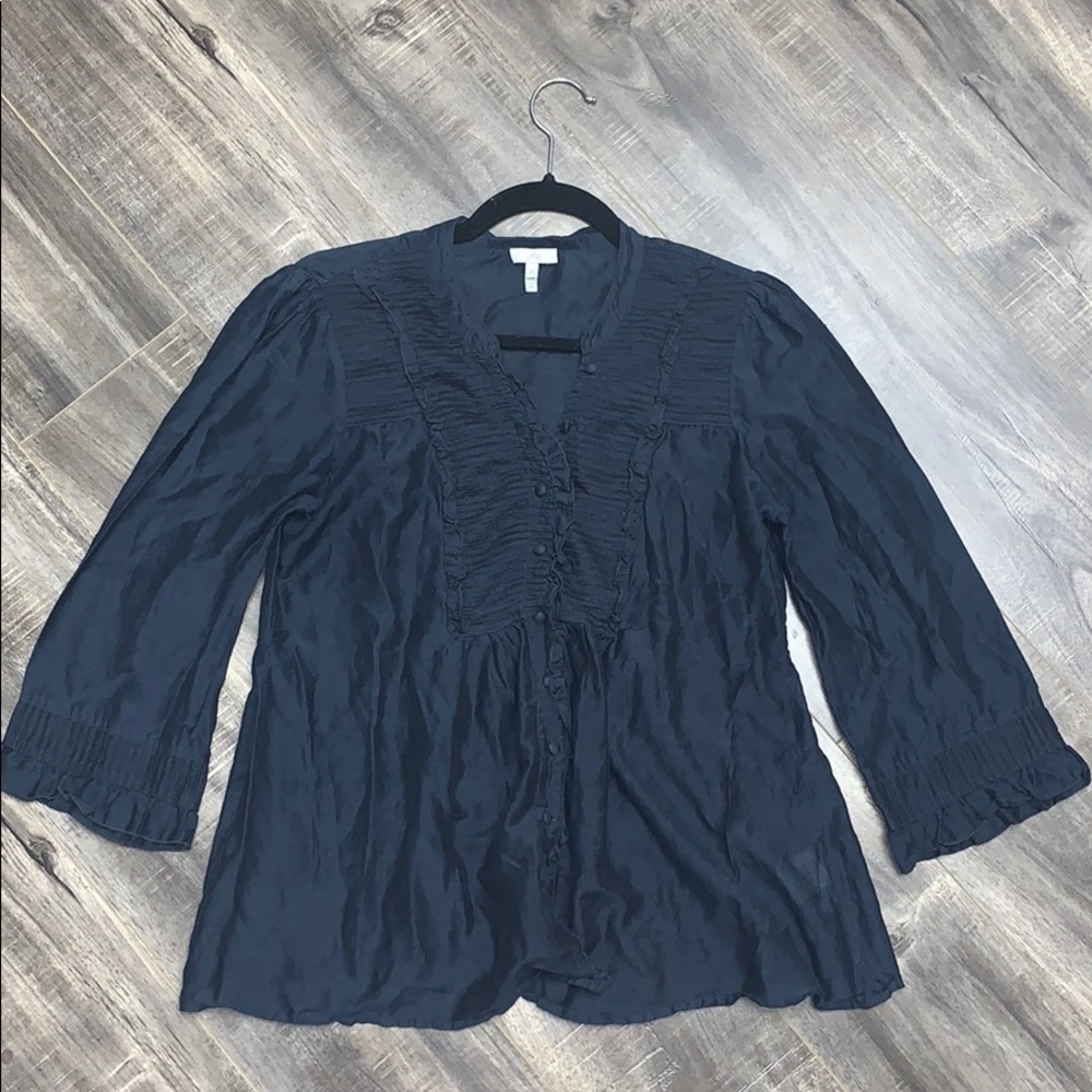 Joie Silk Cotton Navy Long Sleeve Ruffle Blouse